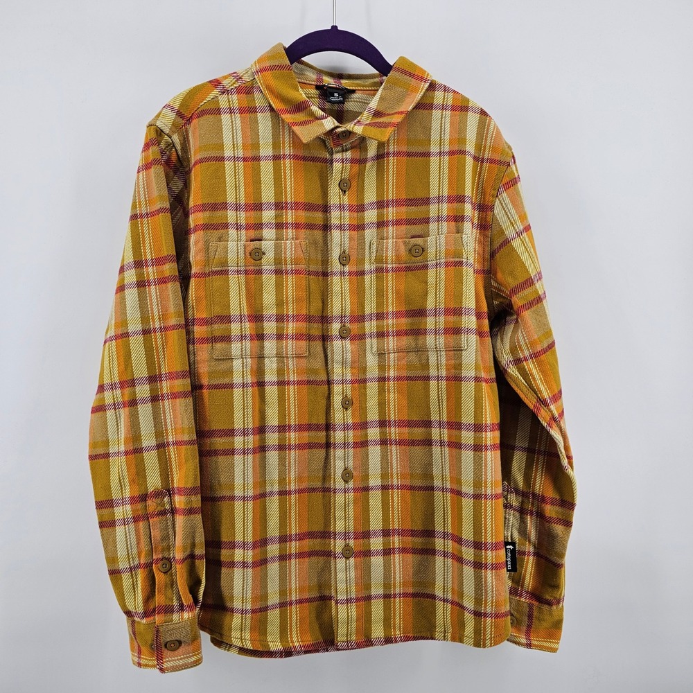 Cotopaxi Flannel Shirt Mens Small Yellow Orange Plaid Organic Cotton Long Sleeve - Picture 2 of 6